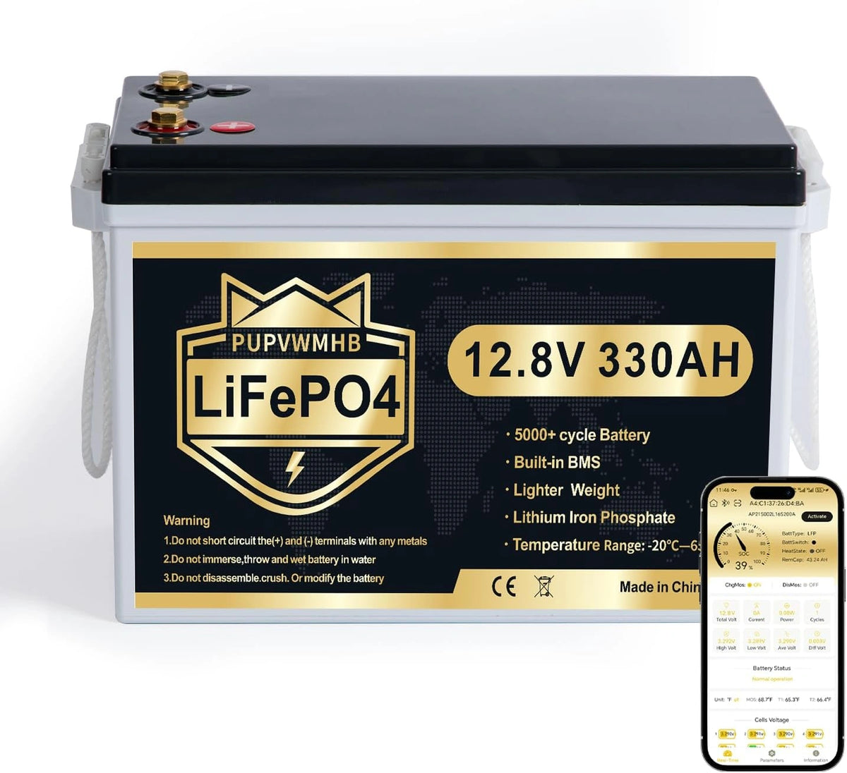 LiFePO4 12 V 330 Ah bluetooth-batterij BMS 200 A, 15000 cycli, 4224 Wh, bescherming tegen lage temperatuur, diepe cycle, compacte camper, camper