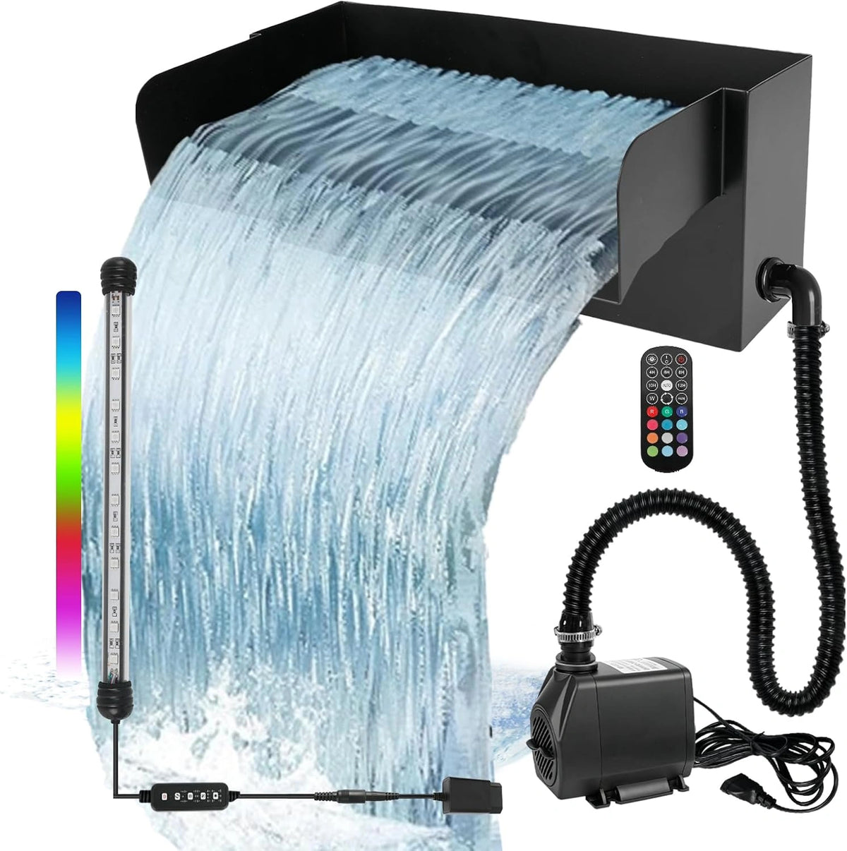 CDIYTOOL Vijver waterval overloop waterval voor tuinvijvers, 20 cm roestvrij staal overloop zwembad vijver fontein kit met 45W 3000 liter/H pomp voor