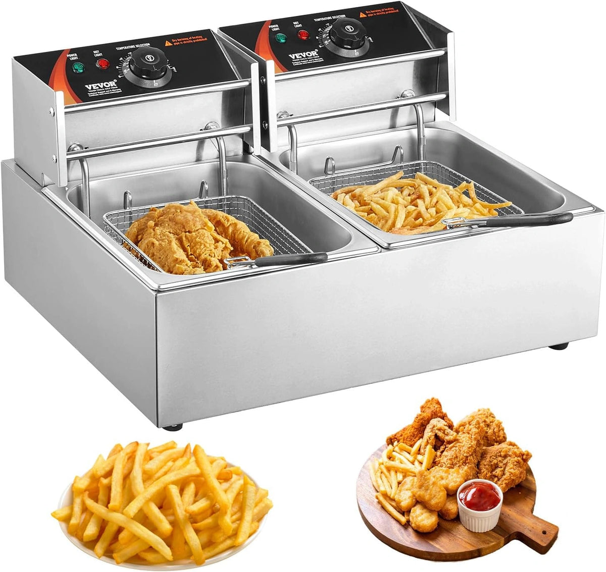 VEVOR Elektrische friteuse, 8,6 l, afneembare dubbele bak, 3000 W, van roestvrij staal, commerciële elektrische oliefriteuse, temperatuur 50 °C