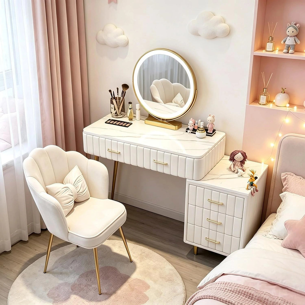 Fluwelen Kaptafel Set met 3-Kleuren LED Verlichte Spiegel & Petal Stoel, Moderne Opgepolsterde Make-up Tafel met Uittrekbare Kast voor Slaapkamer, wit
