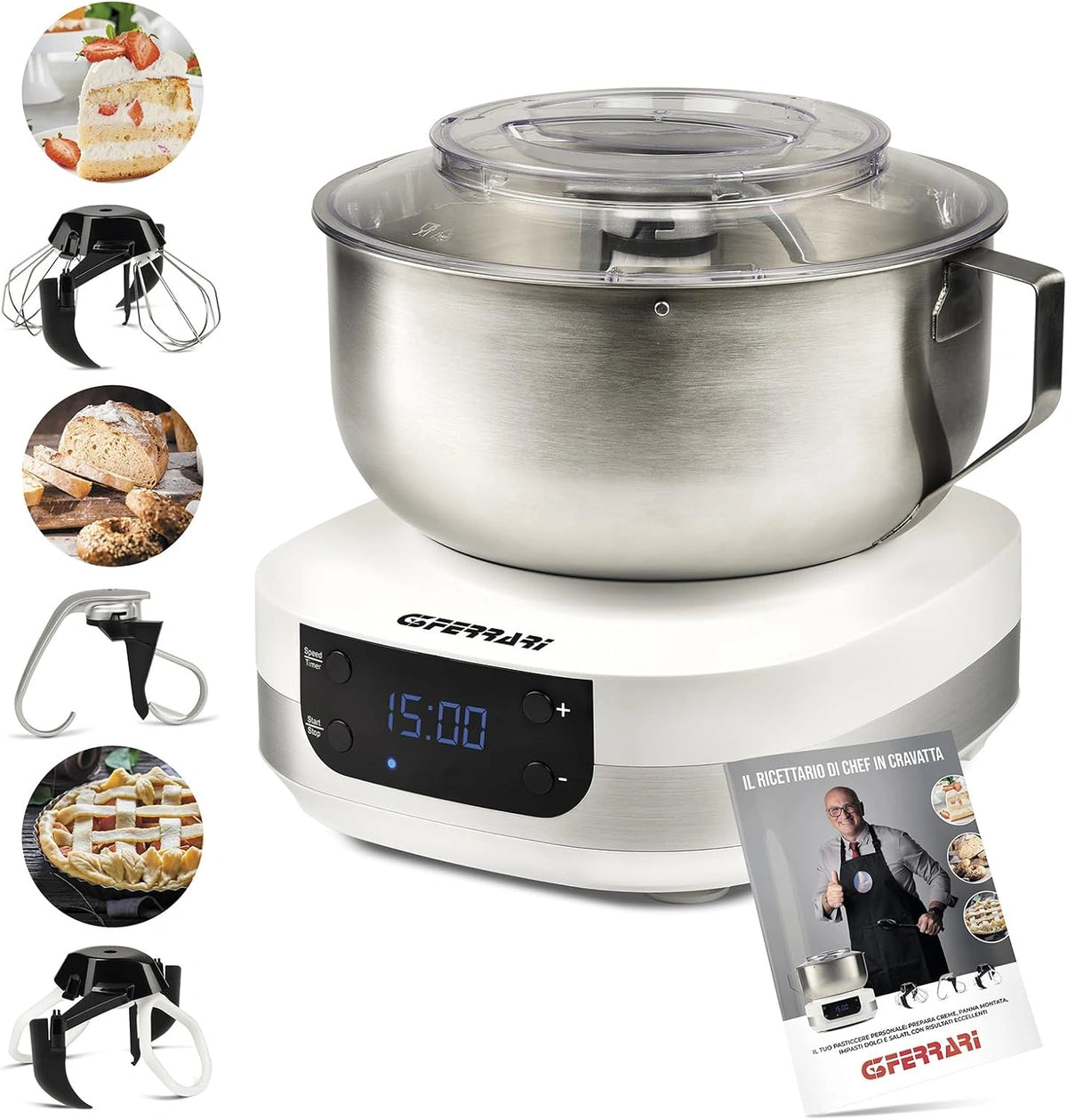 G3 Ferrari G20145 Planetary Pastaio Gourmet kneedmachine, 1500 watt, 5 liter, roestvrijstalen kom met handvat, digitaal scherm, 5 snelheden, timer