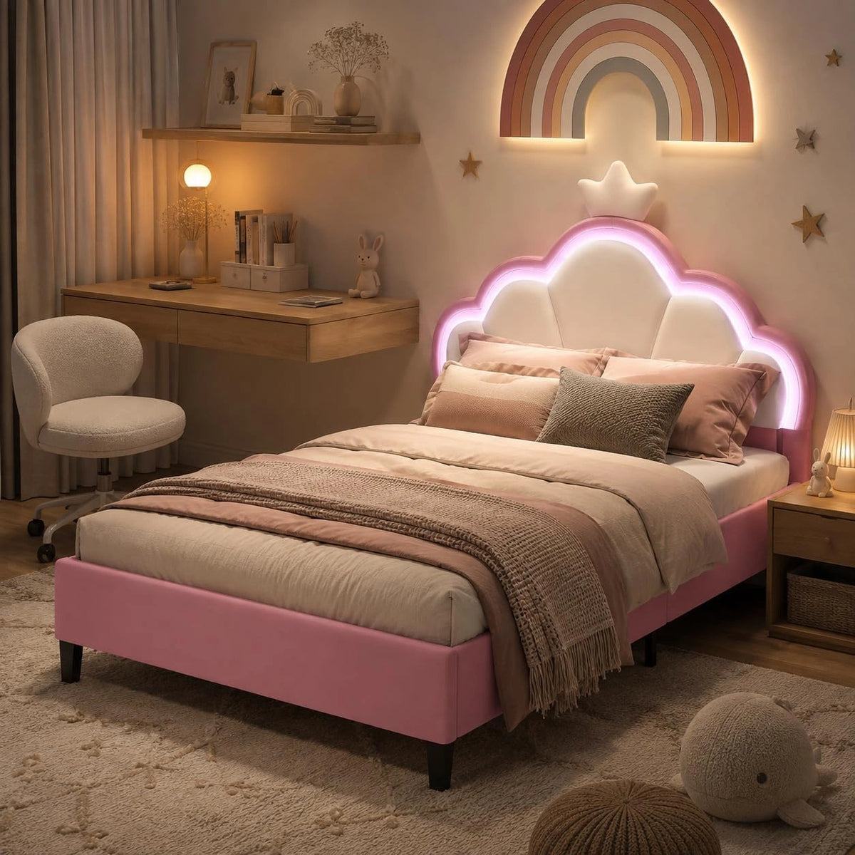 Kinderbed, gestoffeerd bed, 140 x 200 cm, kinderbed voor meisjes, tweepersoonsbed met led, gestoffeerd bed met 2 laden