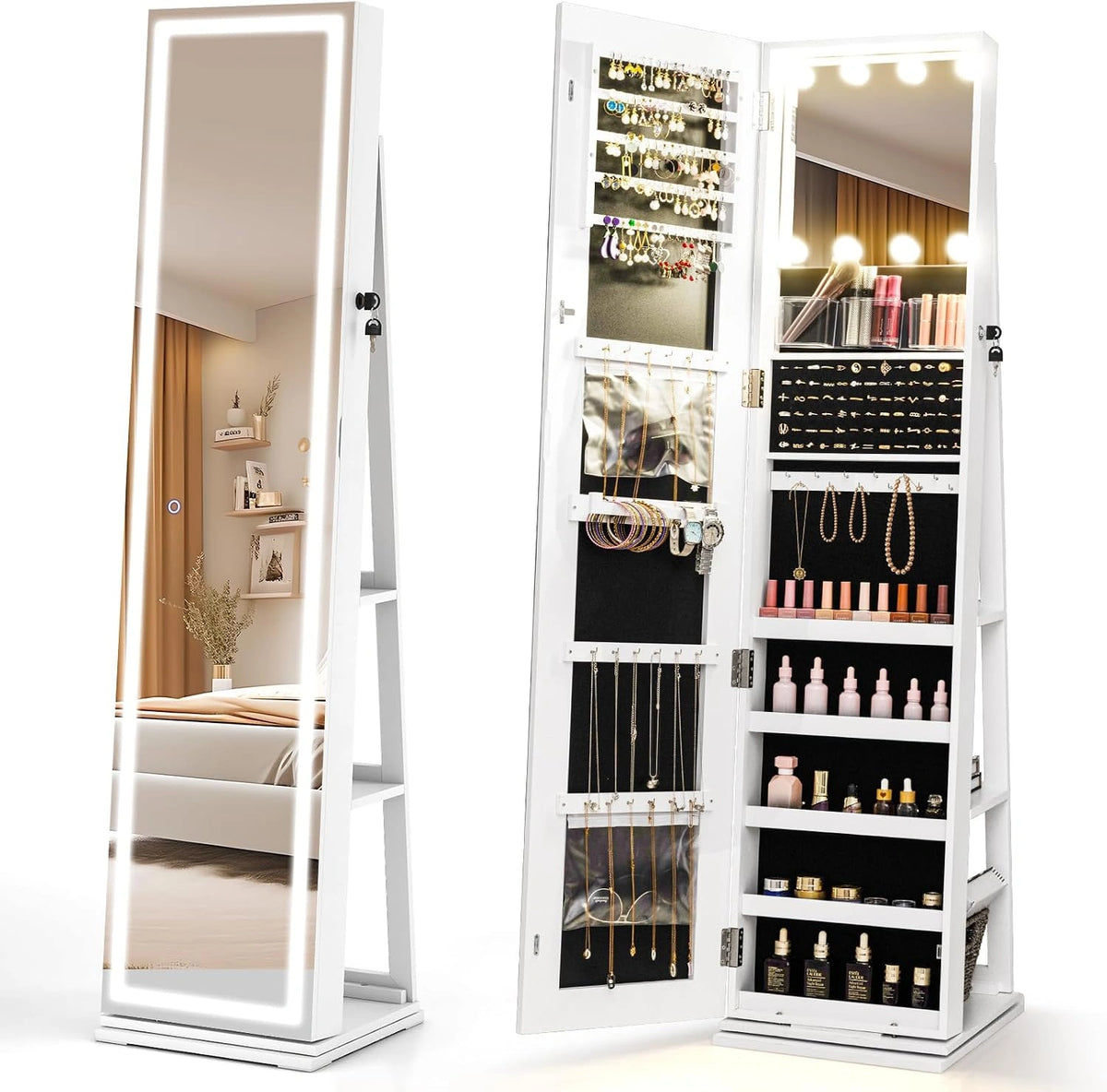 COSTWAY 360° draaibare sieradenkast met led-full-body spiegel, spiegelkast afsluitbaar met make-upspiegel, sieradenorganizer