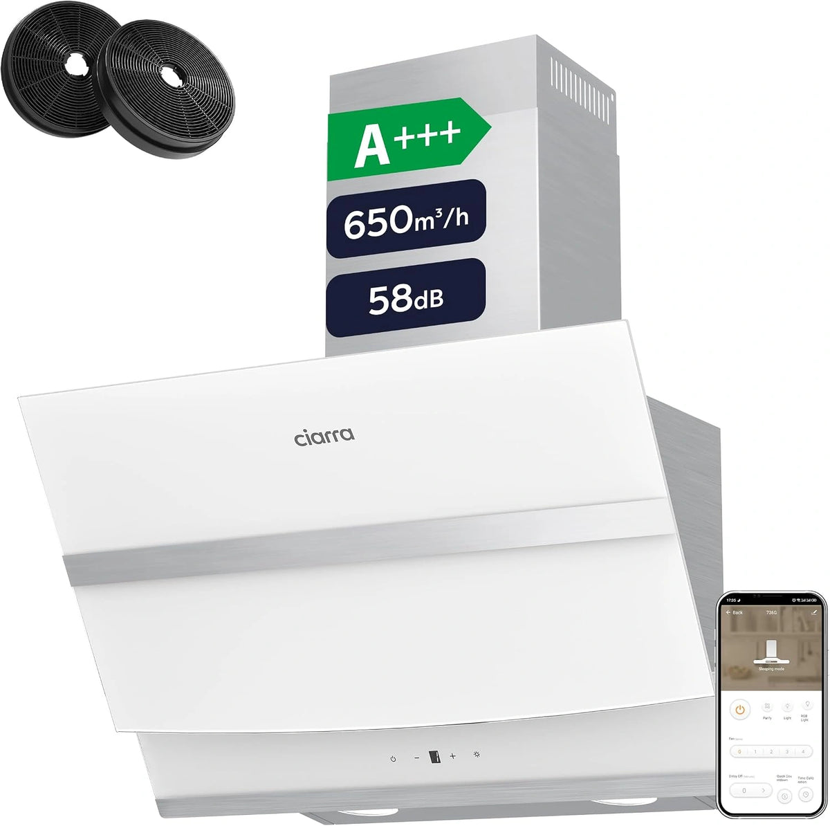 CIARRA ASW6736N A+++ Afzuigkap 60 cm 650 m³/h Touch Control Afzuigkap met Houtskoolfilter CBCF003 Recirculatie 4 Vermogensniveaus Wit