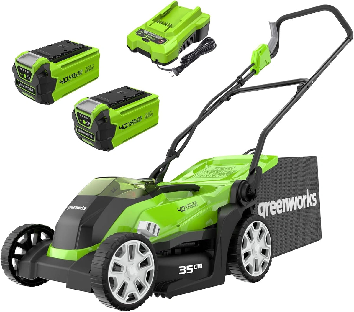 Greenworks G40LM35K2X Draadloze Accu Grasmaaier voor Gazons Tot 400m², 35 cm Maaibreedte, 40 L Zak PLUS Twee 40V 2Ah Batterijen en Één Oplader