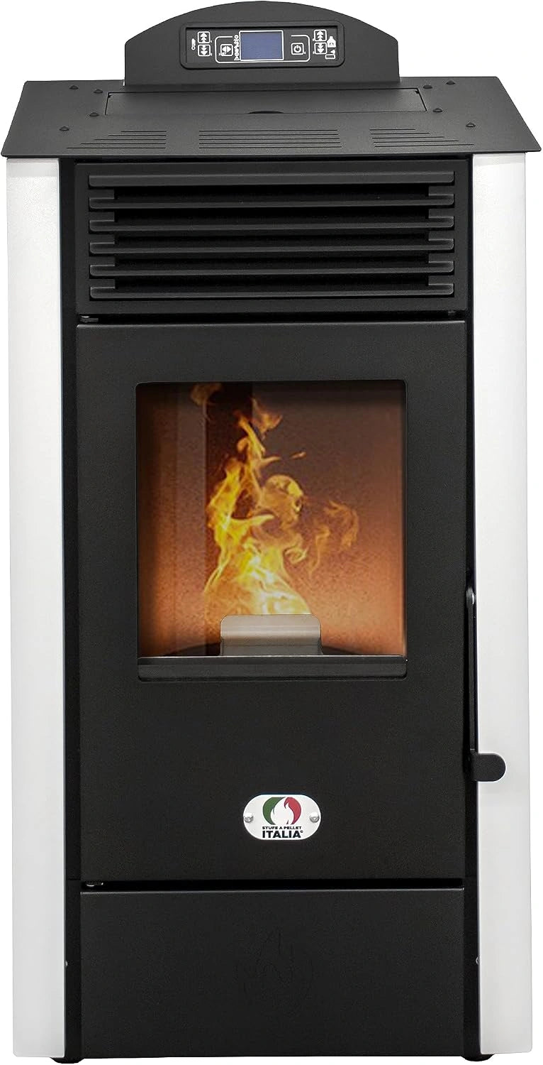 STUFE A PELLET ITALIA California, 8 kW, 91% verwarming, 70 m², 20 uur looptijd, programmeerbaar 5 snelheden en vermogen, compact ontwerp, 24 maanden