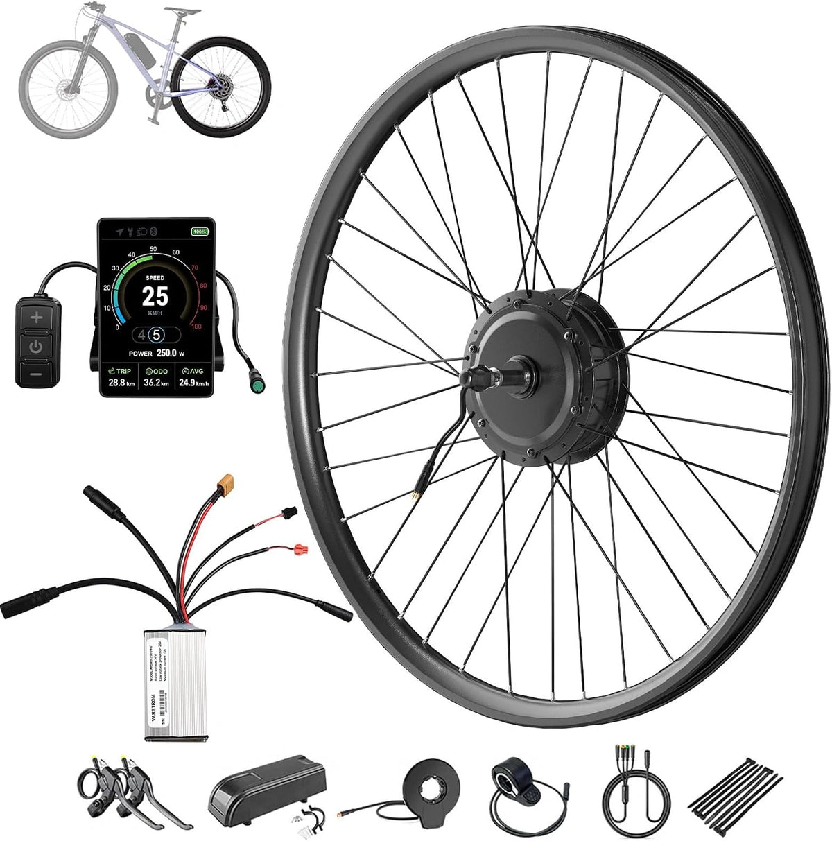 36V 250W E-Bike Ombouwset 26 27,5 28 29 inch Achterwiel Naafmotor, zilver/zwart