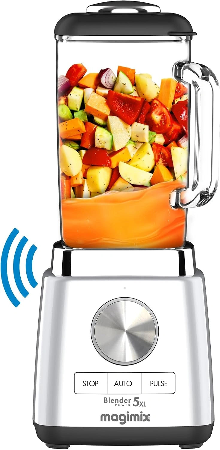 Magimix mixer Power Professionele mixer 5XL Connect, hakmolen, mixer voor smoothie, soepmixer, multifunctionele hakmolen, glazen kom, chroom, zilver