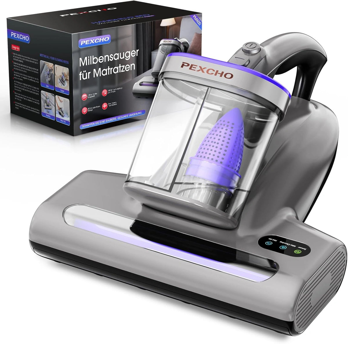 PEXCHO PM600 mijtstofzuiger met uv-licht, 500 W matraszuiger voor mensen met een allergie, verwijdert 99,9% van de stofmijten, allergenen