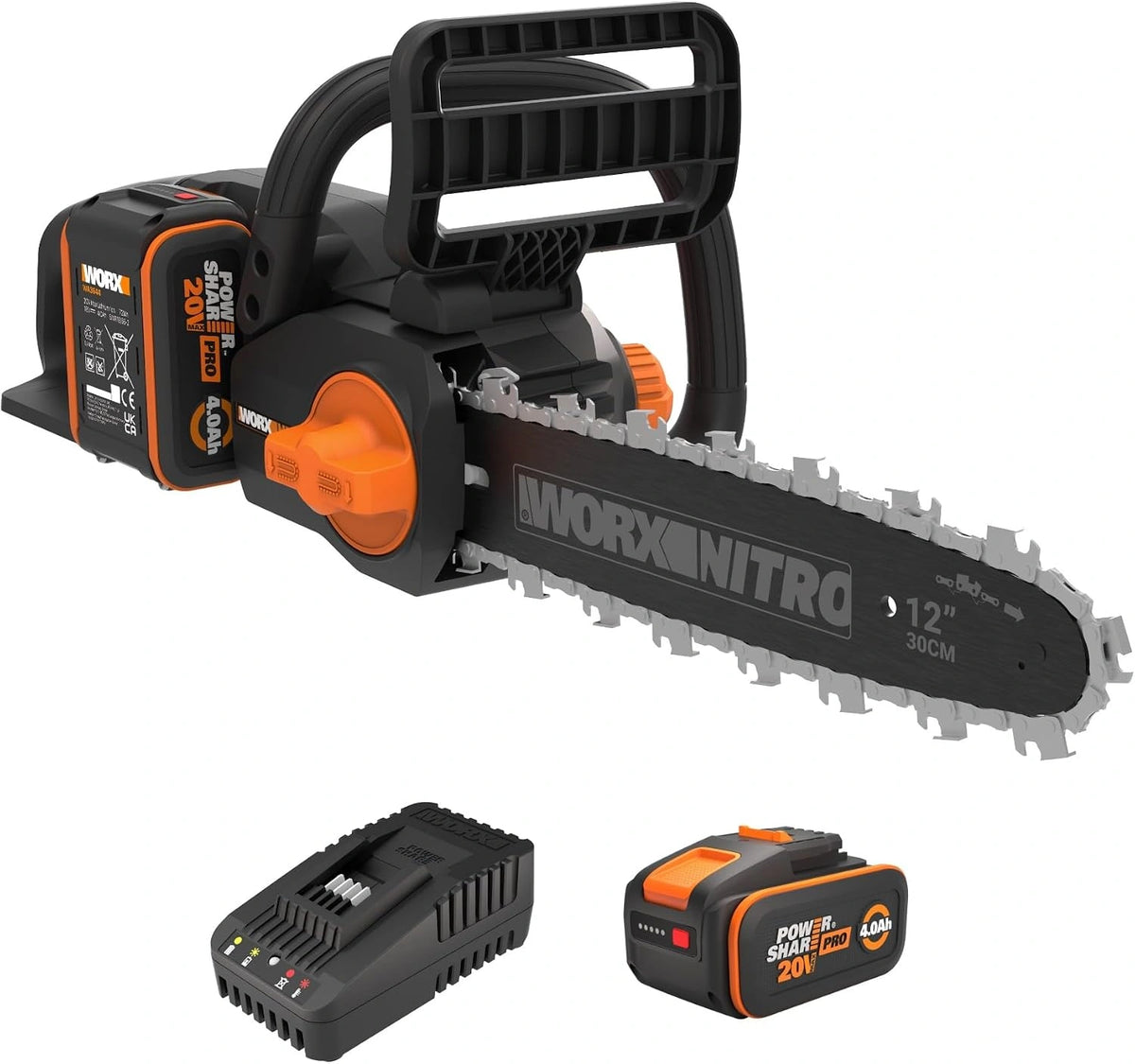 WORX WG350E Nitro Professionele accu-kettingzaag, 20 V, krachtige houtzaag, 10 m/s, 30 cm zaaglengte, compact en veilig, automatische smering