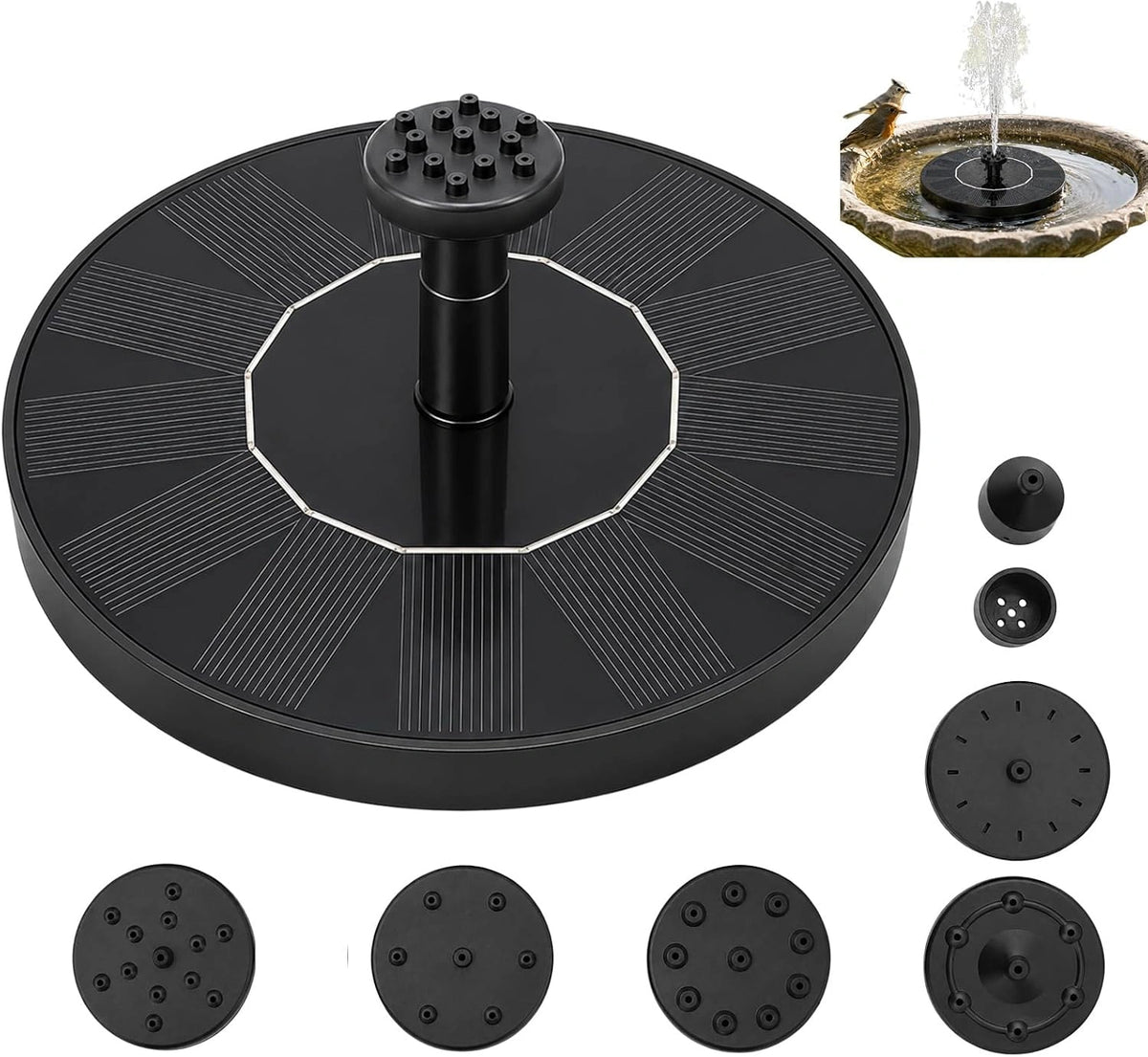 Fontein op zonne-energie voor buiten, 1,5 W, met 7 sproeiers, drijvende pomp op zonne-energie voor vogelbad, vijver, vijver, patio en tuindecoratie