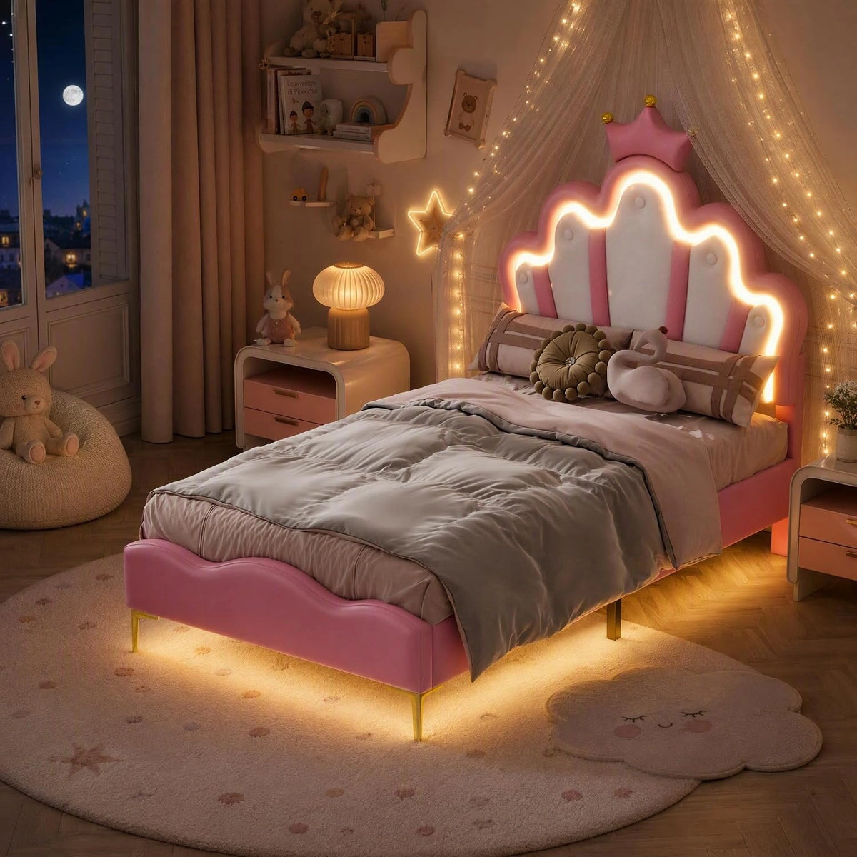 Kinderbed Meisje 90x200, Kinderbed Princess met LED-verlichting, Opgevuld Kinderbed met Hemelbed, Ontwerp in Kroonvorm voor Kinderen & Tieners