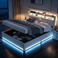 Bed met Opbergruimte 140 x 190 met LED en USB, Hydraulisch Bed 140x190cm met Opberg Hoofdeinde, Gestoffeerd Bed 140x190 met Open Planken en