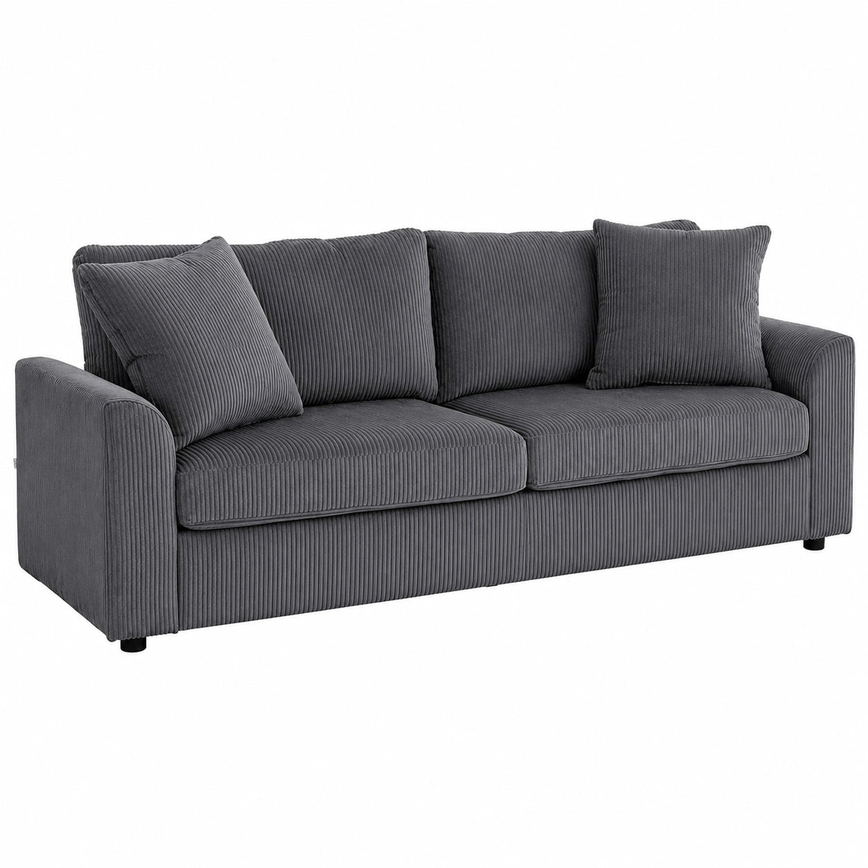 Bequemes 3-Sitzer-Cordsofa mit Zierkissen und hoher Belastbarkeit, dunkelgrau