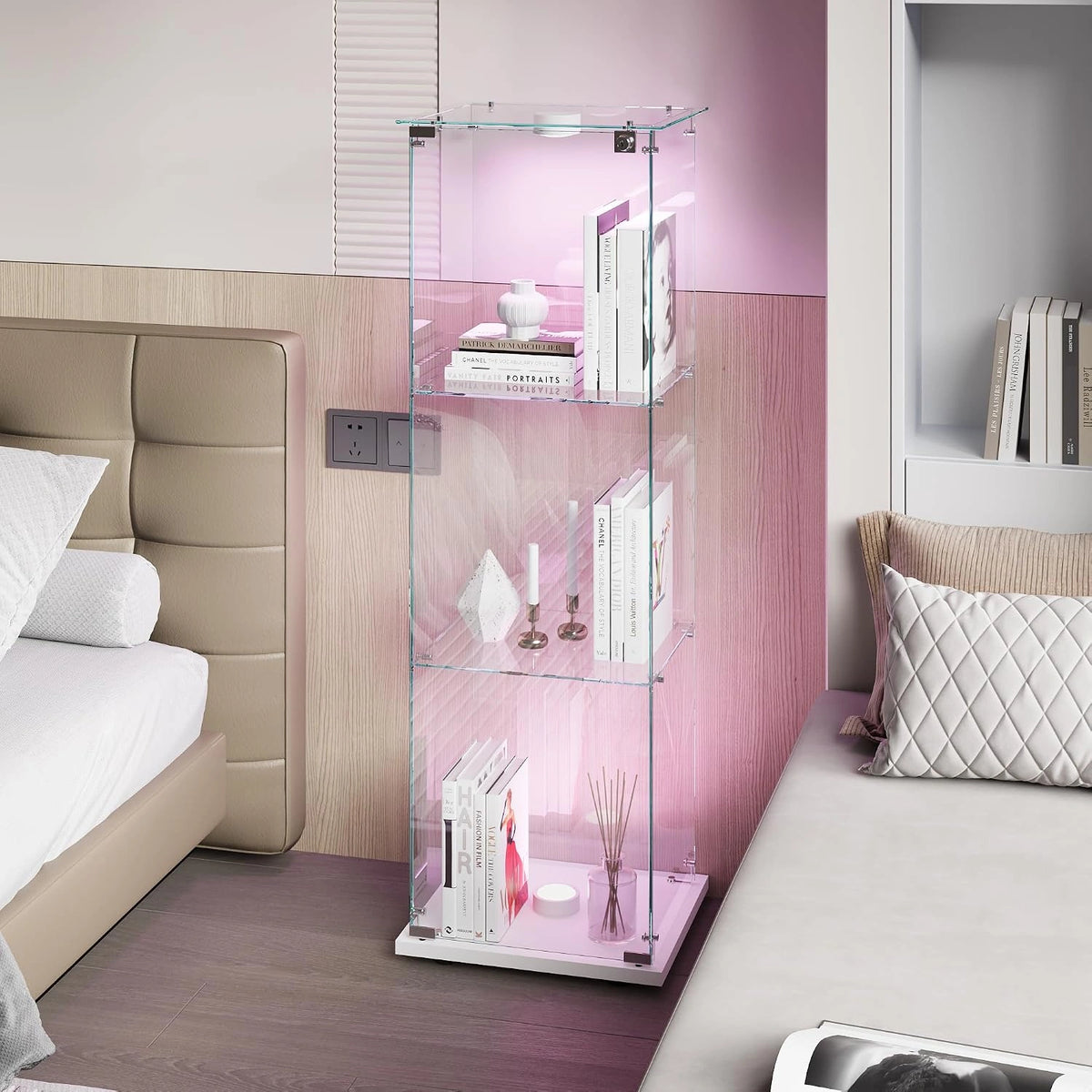 Vitrine van glas, 3 planken met deuren, vitrine van glas met led, vitrinekast met deur en slot, glazen kast voor woonkamer