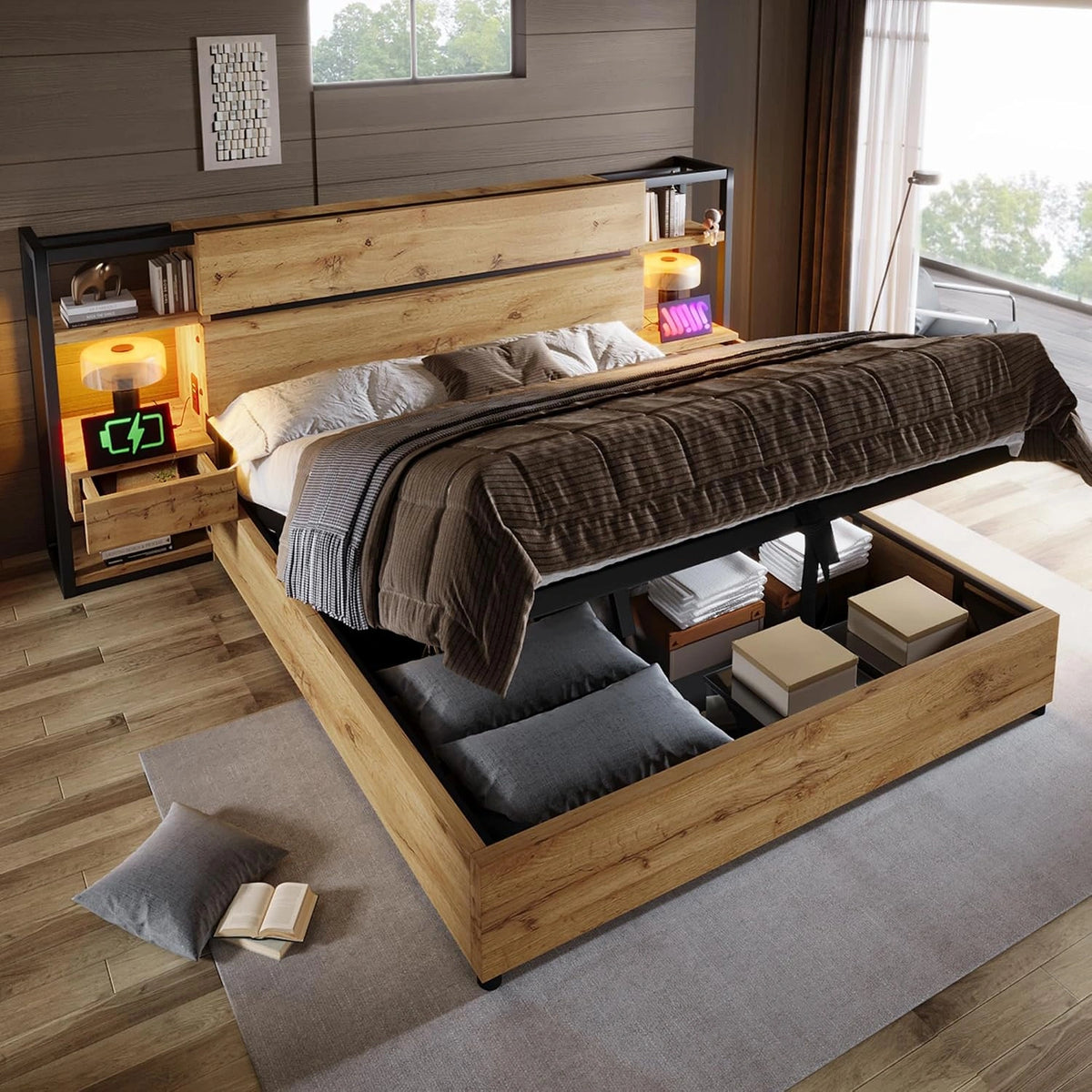 Sapgaks Bed 160 × 200 cm met lattenbodem met Type-C en USB-poort, tweepersoonsbed 160 × 200 cm met laden, bed 160 × 200 cm