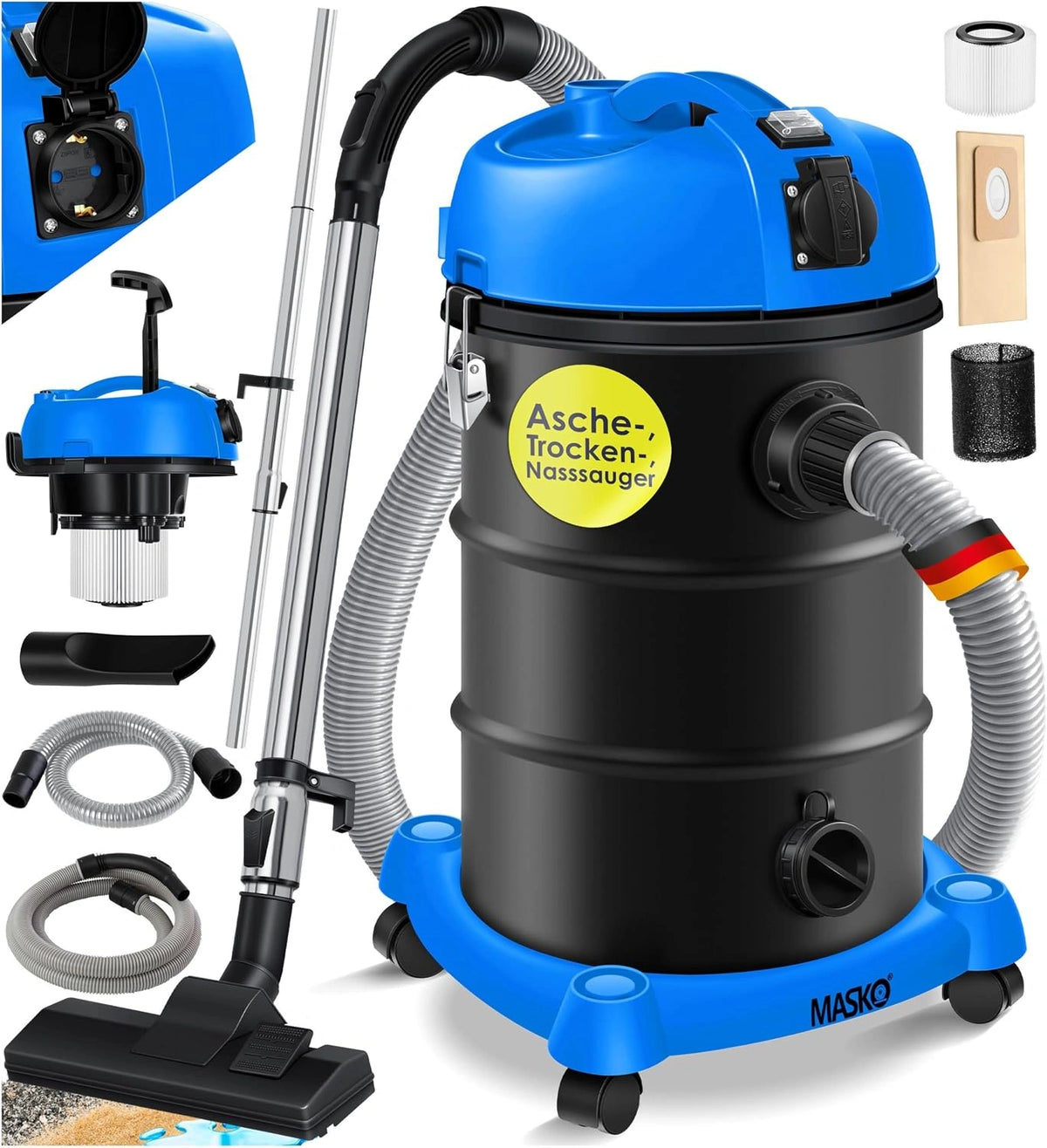 MASKO® 6-in-1 industriële stofzuiger, stofzuiger, nat- en droogzuiger, aszuiger, 2300 W + stopcontact, blaasfunctie, nat- en droogzuigen, zwart