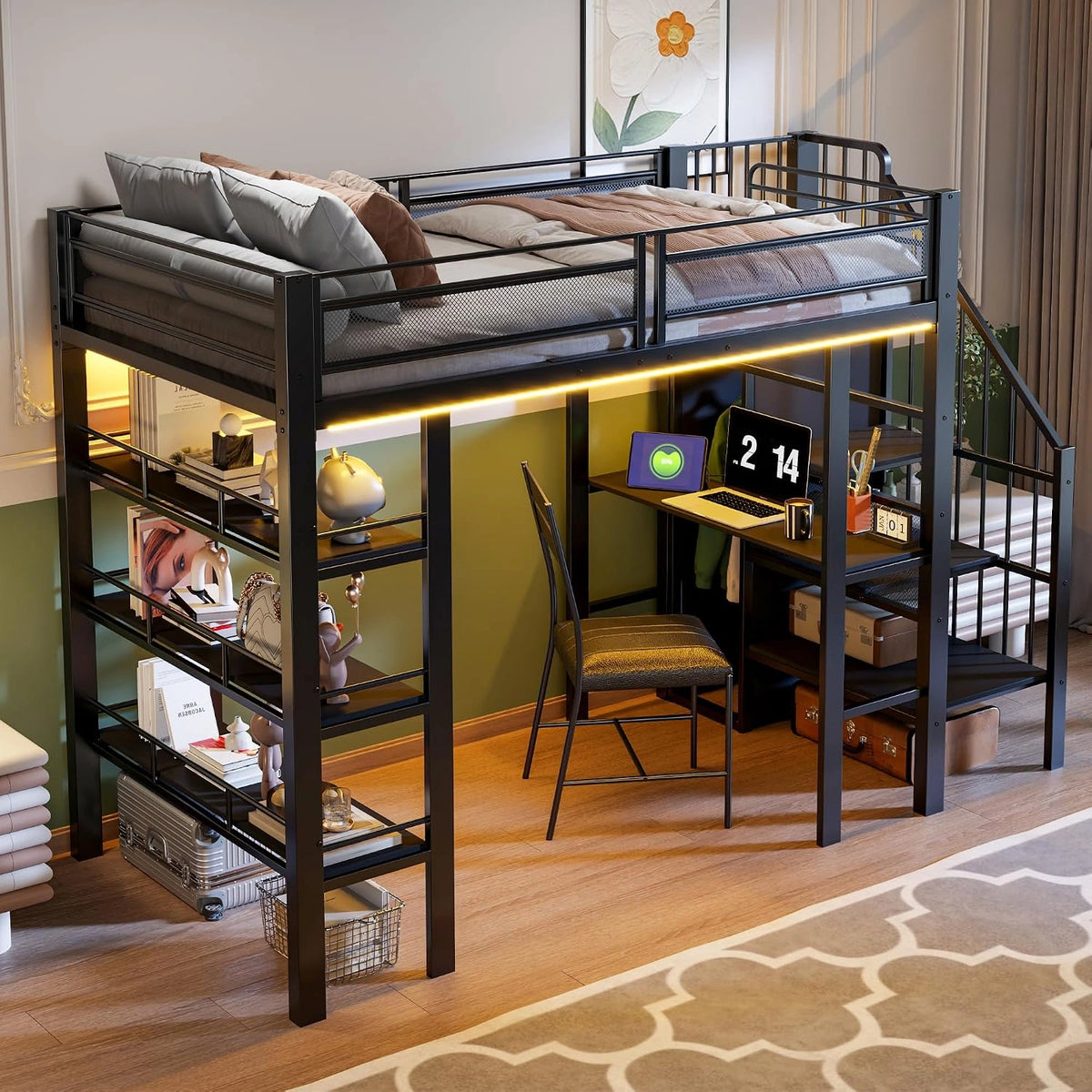 Merax hoogslaper 90x200 cm, met LED-lichtstrip en stopcontact, metalen bed met boekenrek, bureau en opstapladder