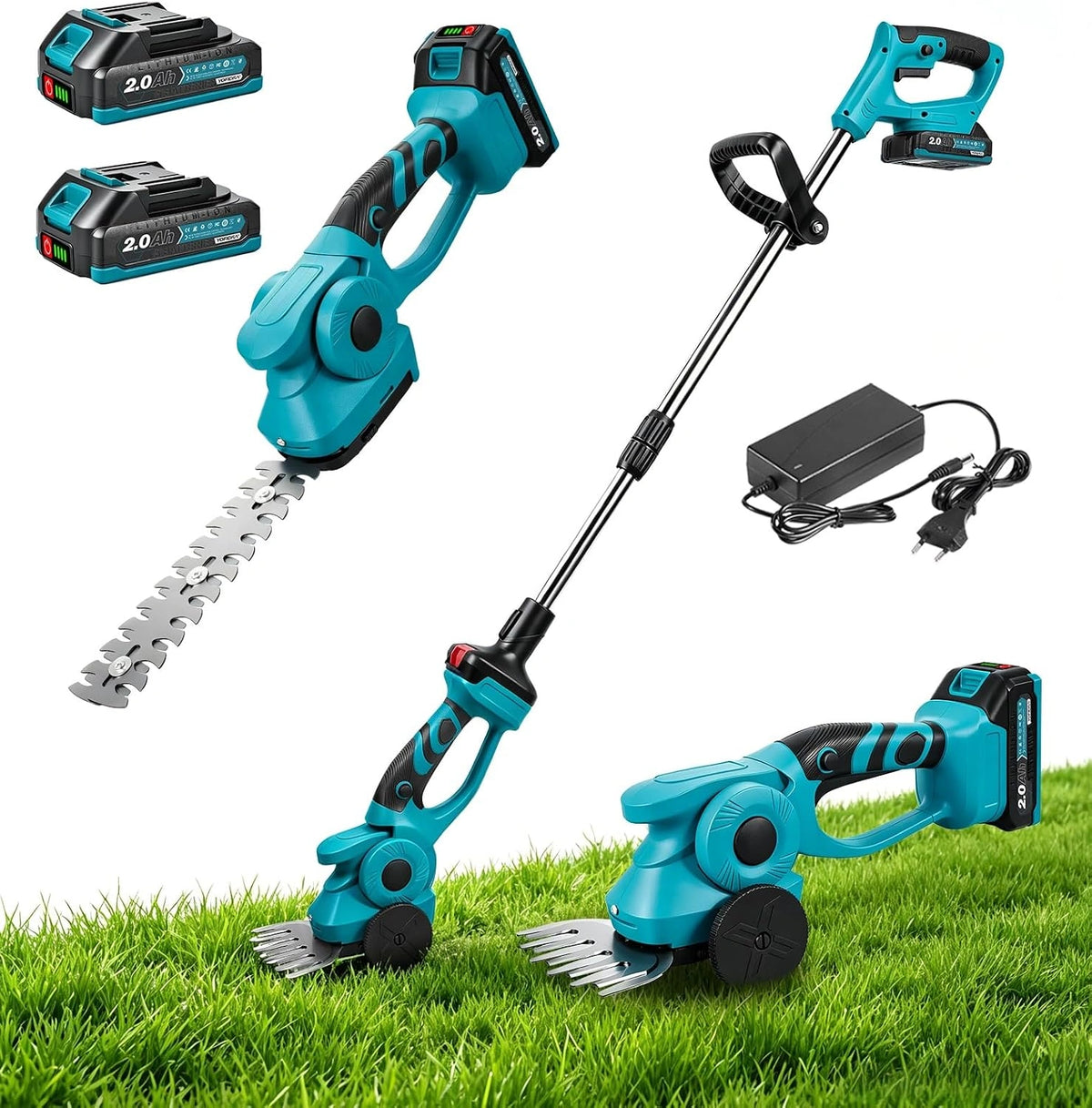 Yofidra Accu-grastrimmer, 3-in-1 grasschaar & heggenschaar met 2x 2000mAh-accu's, telescopische steel, Voor tuinen, gazons en struiken, groen