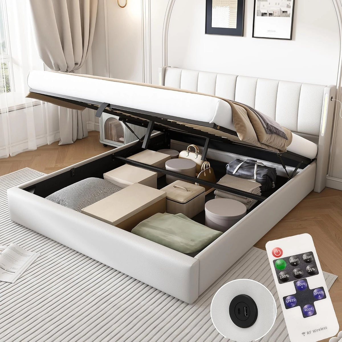 Zepneiy Tweepersoonsbed met lattenbodem LED en USB, opbergruimte en verstelbaar hoofdeinde, bekleed met frame 160x200 (zonder matras), zilver
