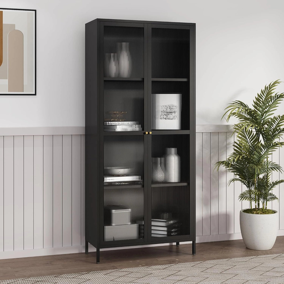 [en.casa] Vitrinekast Säkylä opbergkast met 2 deuren en 4 legplanken staal en glas 180x80x35 cm zwart