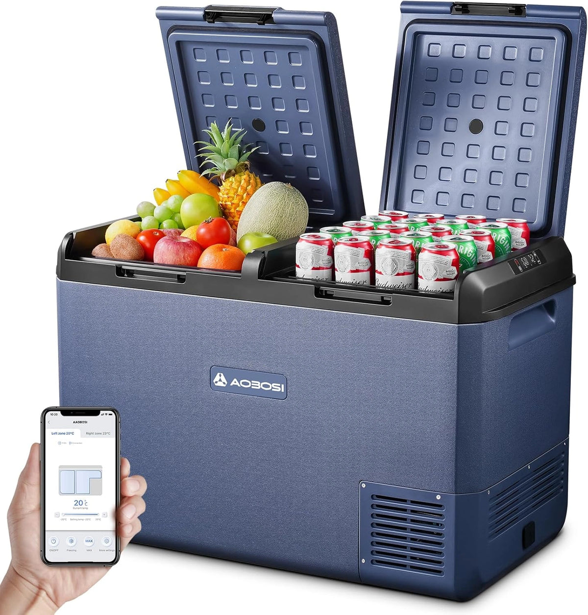 AAOBOSI Compressor koelbox, IPX4 waterdicht, dual zone, 12 V 230 V, app, grijs