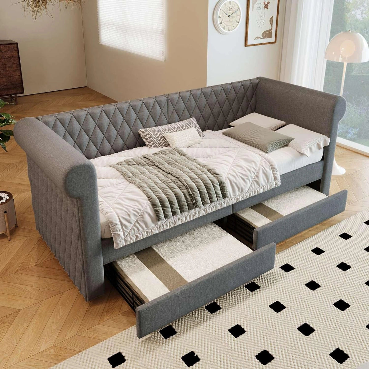 KOMHTOM Slaapbank voor dagbed met 2 laden, 90 x 200 cm, woonkamerbed met lattenbodem van hout, bedframe, linnen (zonder matras) (grijs)