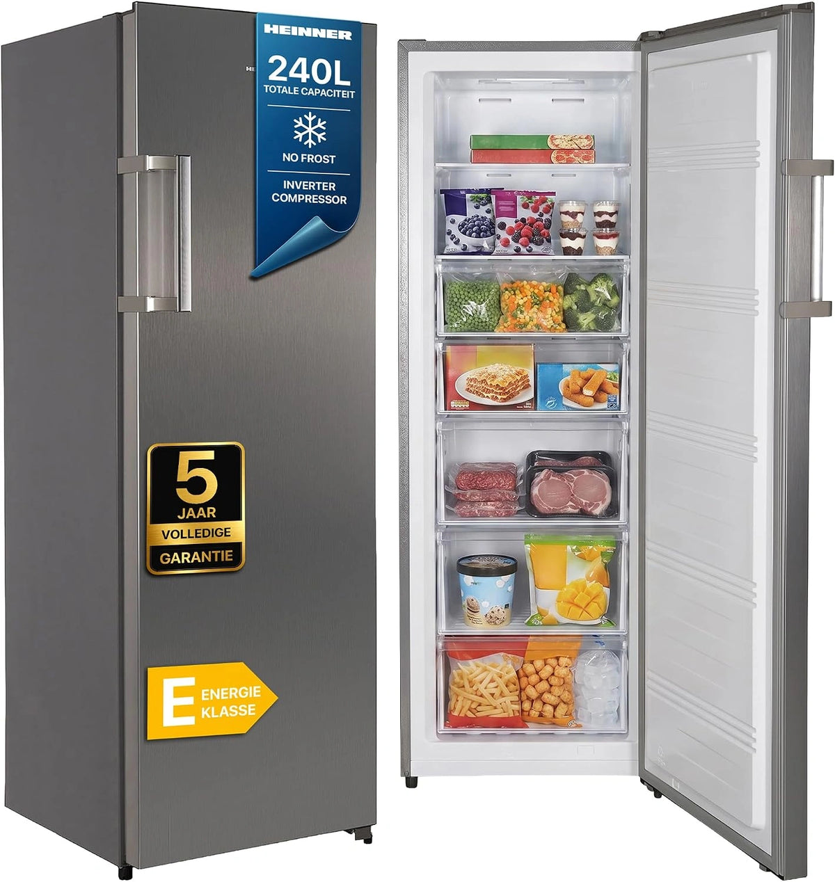 HFF-HS240NFXE++ Vrijstaande Vriezer, 240 liter, Full vorstvrij, Multi Air-Flow, Energieklasse E, Inox-Look, Stil & Betrouwbaar, Ruime Indeling