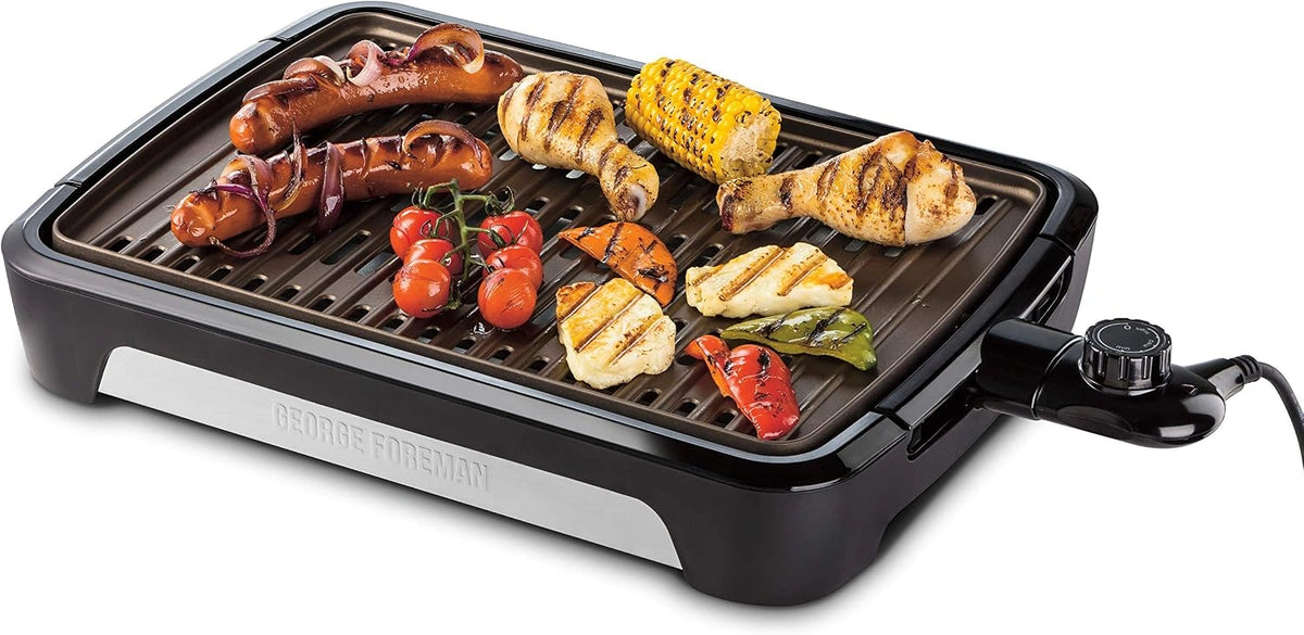 George Foreman Smokeless BBQ Grill, Rookloze Grill, Minder Geur, Vaatwasserbestendig, Vet Opvangbakje, Instelbaar 25850-56, zwart