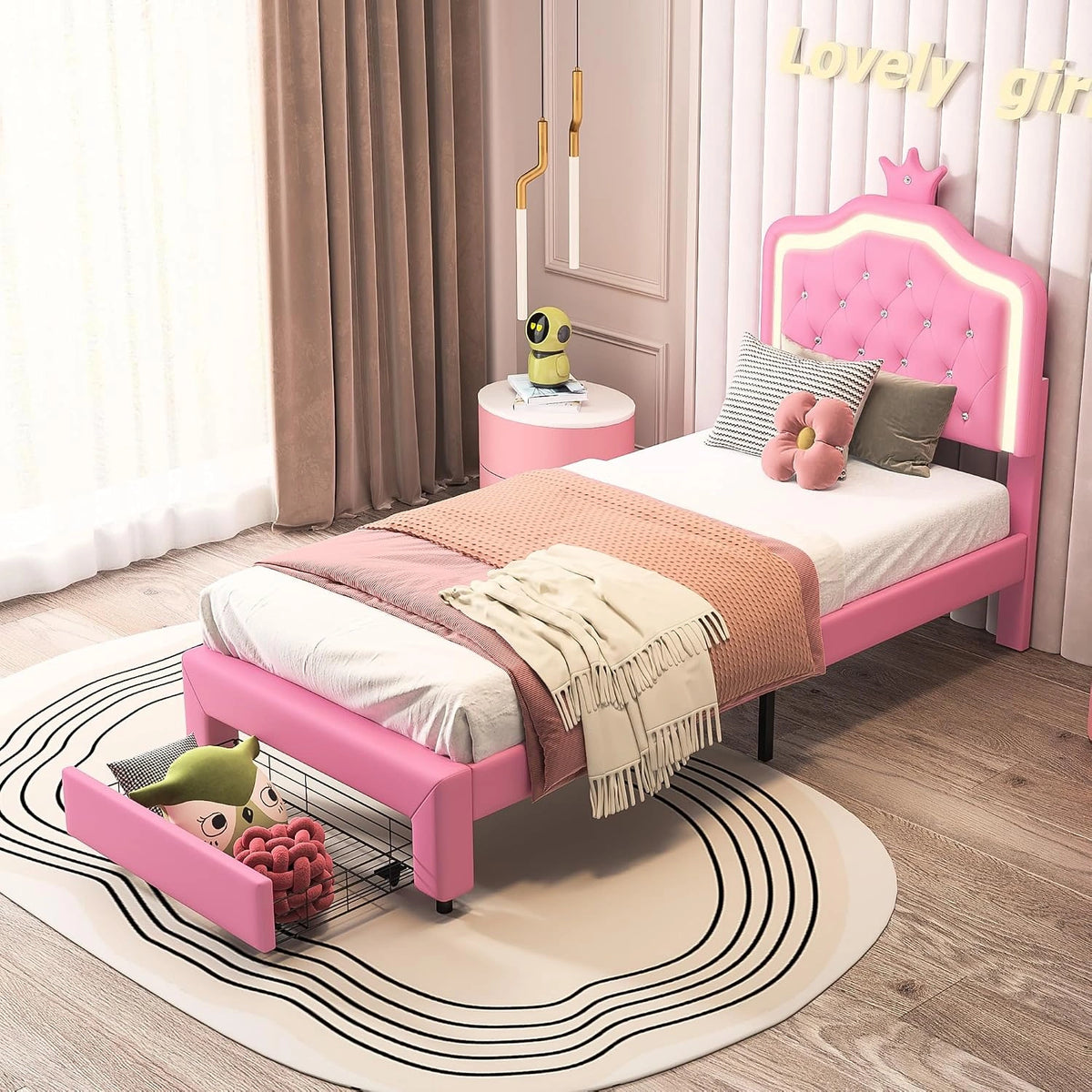 Eenpersoonsbed 90x200 met LED-verlichting, Meisjesbed Princesse met 1 lade, Hoofdeinde in instelbare hoogte