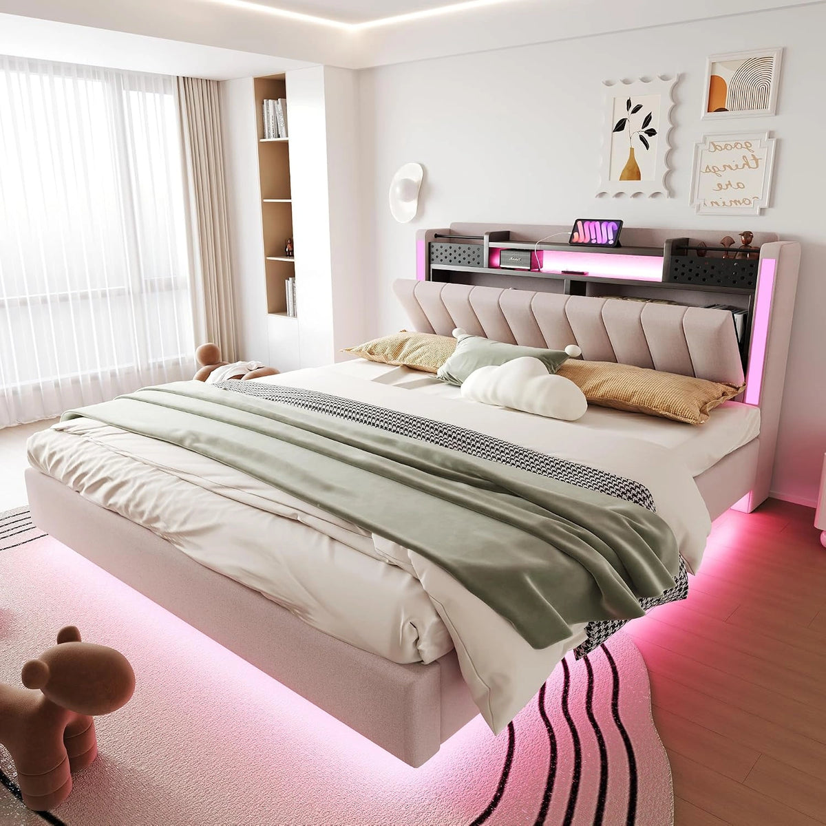 Sapgaks Bed 160 x 200 cm, met lattenbodem en USB, tweepersoonsbed 160 x 200 cm, met opbergruimte en verstelbaar hoofd, gevoerd met lattenbodem