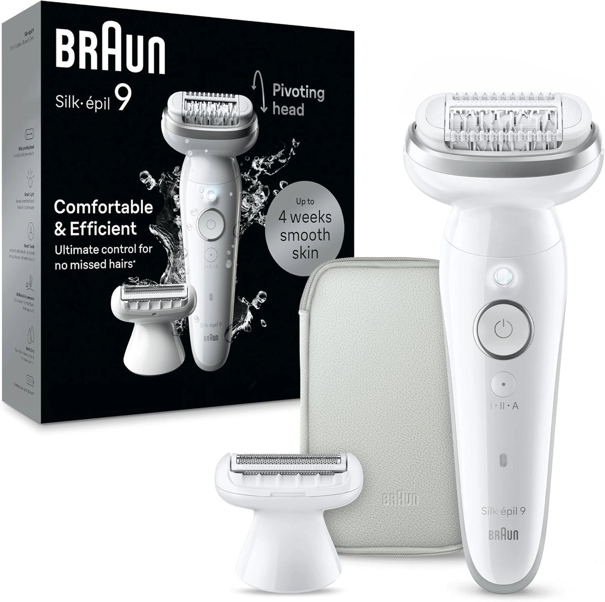 Braun Silk·épil 9 9-041, Epilator Met Flexibele Kop Voor Eenvoudige Ontharing, Wit/Zilver, Wet & Dry, Langdurig Gladde Huid