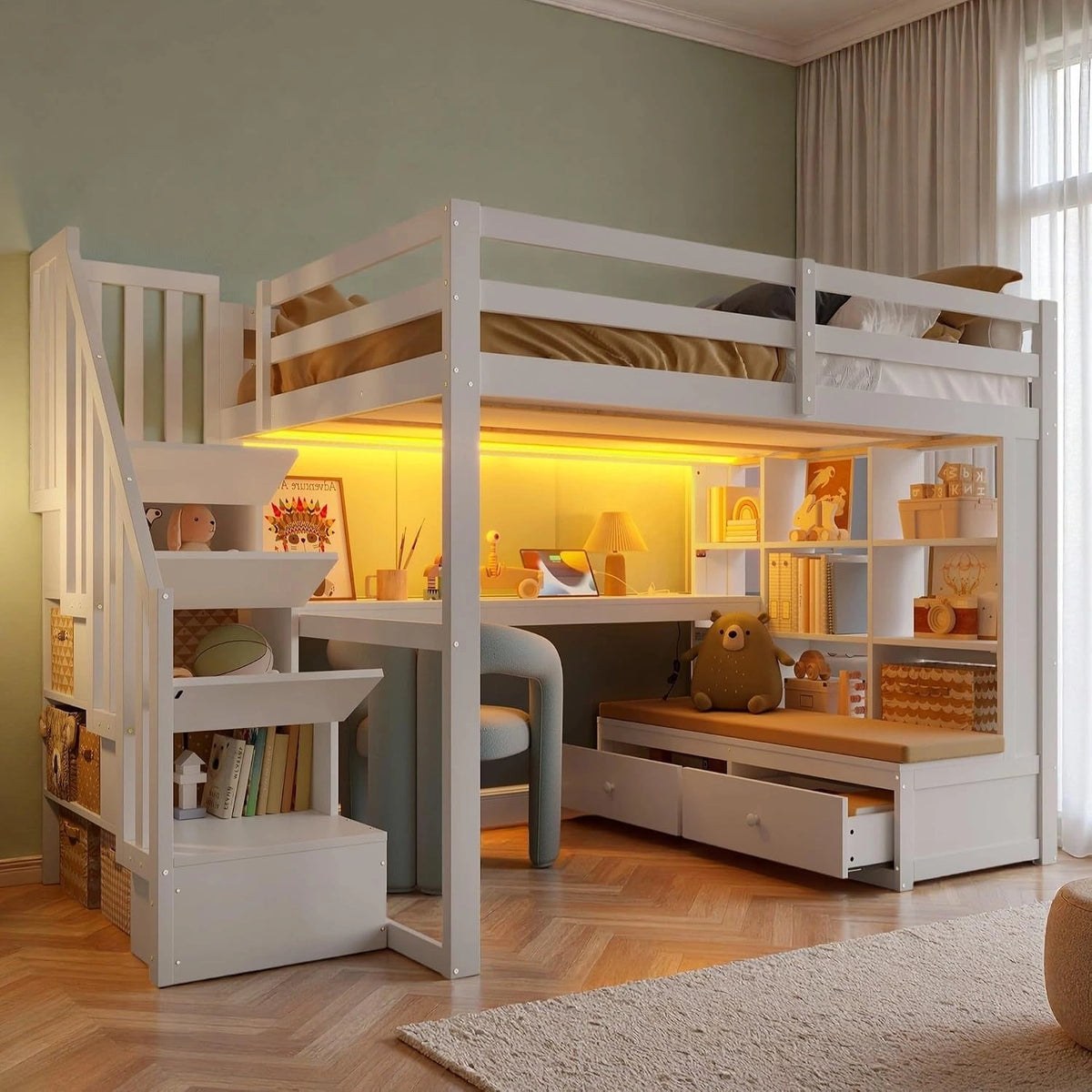 Sapgaks Stapelbed voor kinderen, 140 x 200 cm, hoogslaper, 1-zits, met bureau, kinderbed met barrière, hoogslaper trap met planken