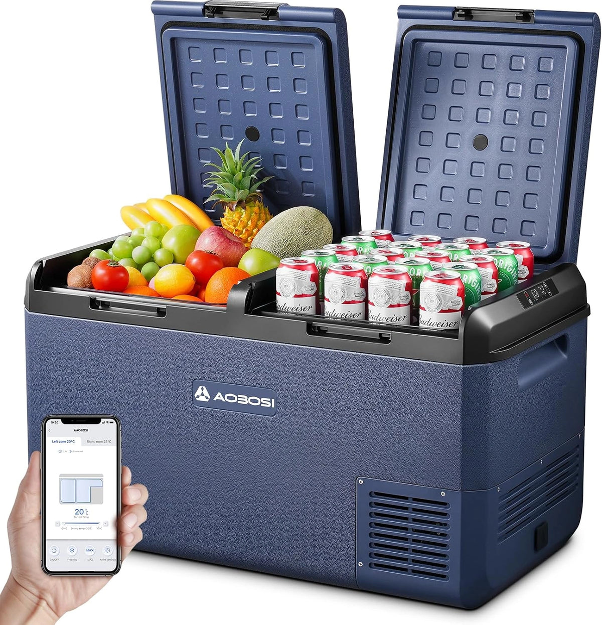 AAOBOSI 75 liter compressor-koelbox, elektrische koelbox, dual zone met wielen en trekgreep, app-bediening, IPX4 waterdicht, -20 °C tot 20 °C