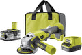 RYOBI, Haakse slijper 18V ONE+ Ø 115 mm, 7500 rpm, Auxiliary Grip, Geleverd met 1 Lithium batterij + 4,0 Ah, 1 snellader 2,0 A