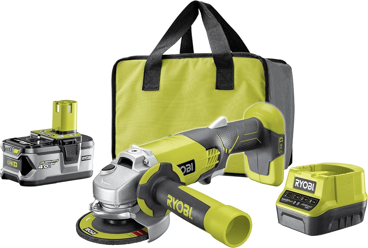 RYOBI, Haakse slijper 18V ONE+ Ø 115 mm, 7500 rpm, Auxiliary Grip, Geleverd met 1 Lithium batterij + 4,0 Ah, 1 snellader 2,0 A