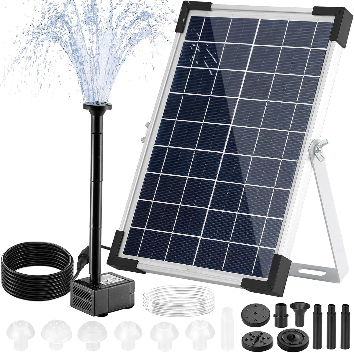 Clevich Solar Vijverpomp 5W, Solar Fontein voor Buiten, Doe-het-zelf Fontein, met 1M Waterleiding, 9 Sproeiers, 3,25 Meter Kabel, voor Visvijvers