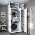 ROOMART Wasmachinekast Dora set voor droger en wasmachine, in 4 kleuren, met deuren en uittrekplank, wit, eiken, antraciet eiken (wit, 230 cm hoog)