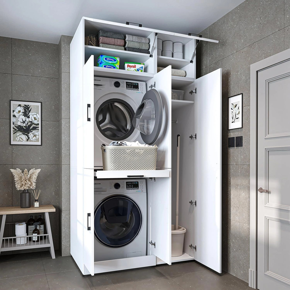 ROOMART Wasmachinekast Dora set voor droger en wasmachine, in 4 kleuren, met deuren en uittrekplank, wit, eiken, antraciet eiken (wit, 230 cm hoog)