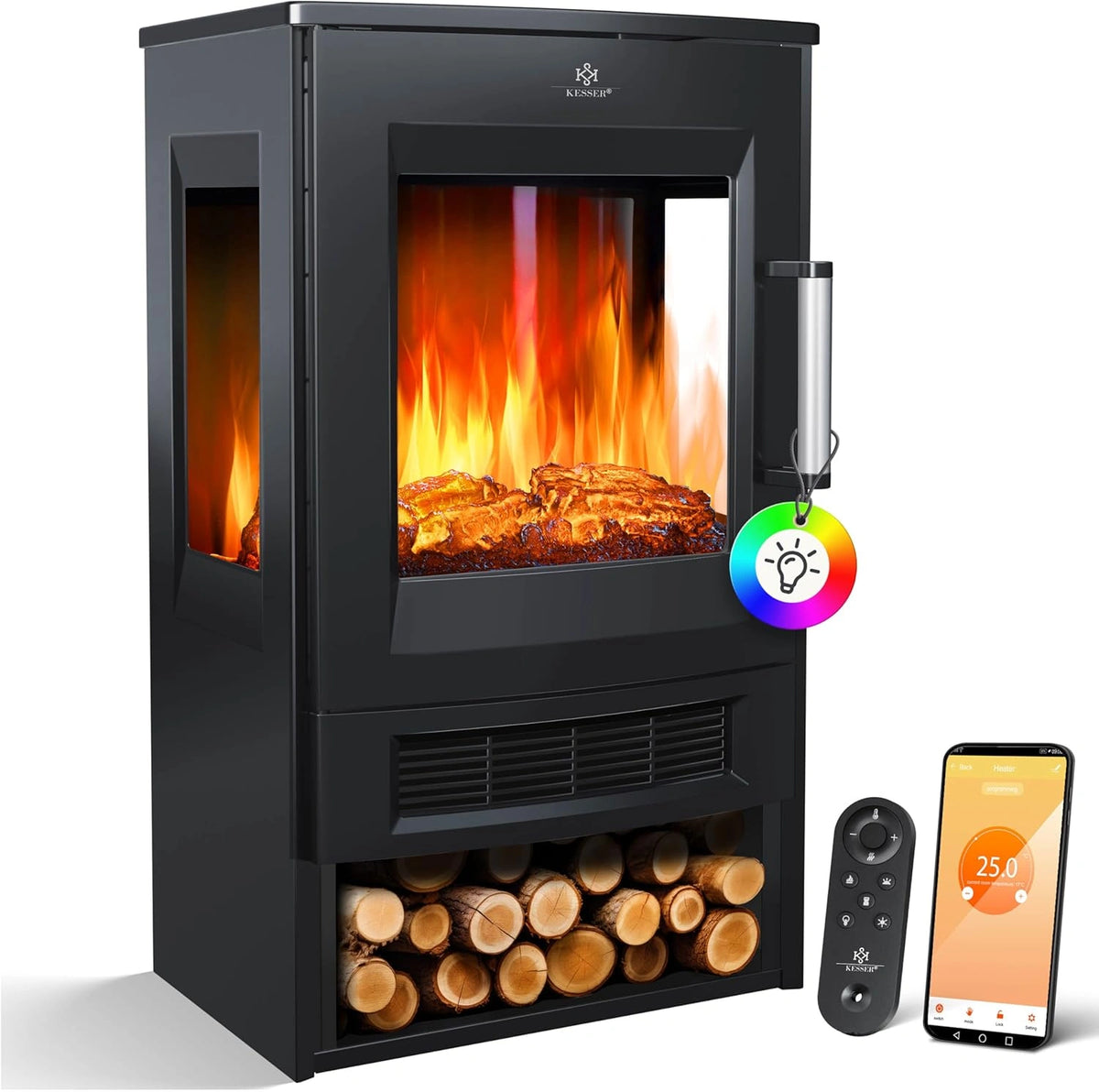 KESSER® Elektrische open haard met verwarming, panoramavenster, verwarmde ventilator, led-vlameffect met 9 kleurmodi, afstandsbediening, wifi-app
