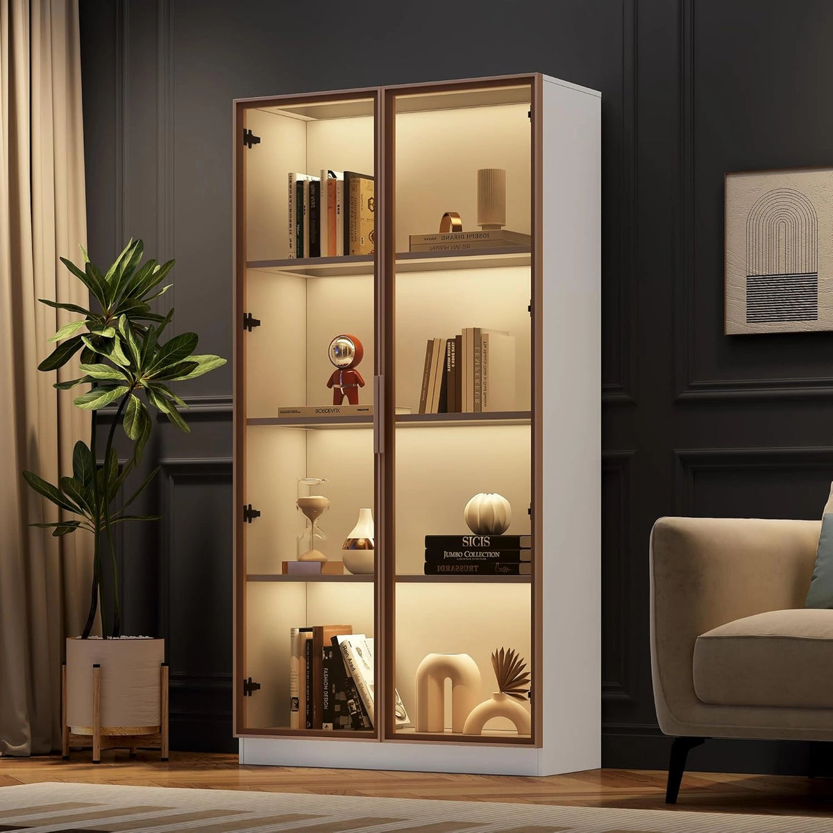 Dolamaní Vitrine van glas met LED-verlichting, 80x40x160 cm, glazen meubelvitrine met 2 glazen deuren en beweegbare legplanken