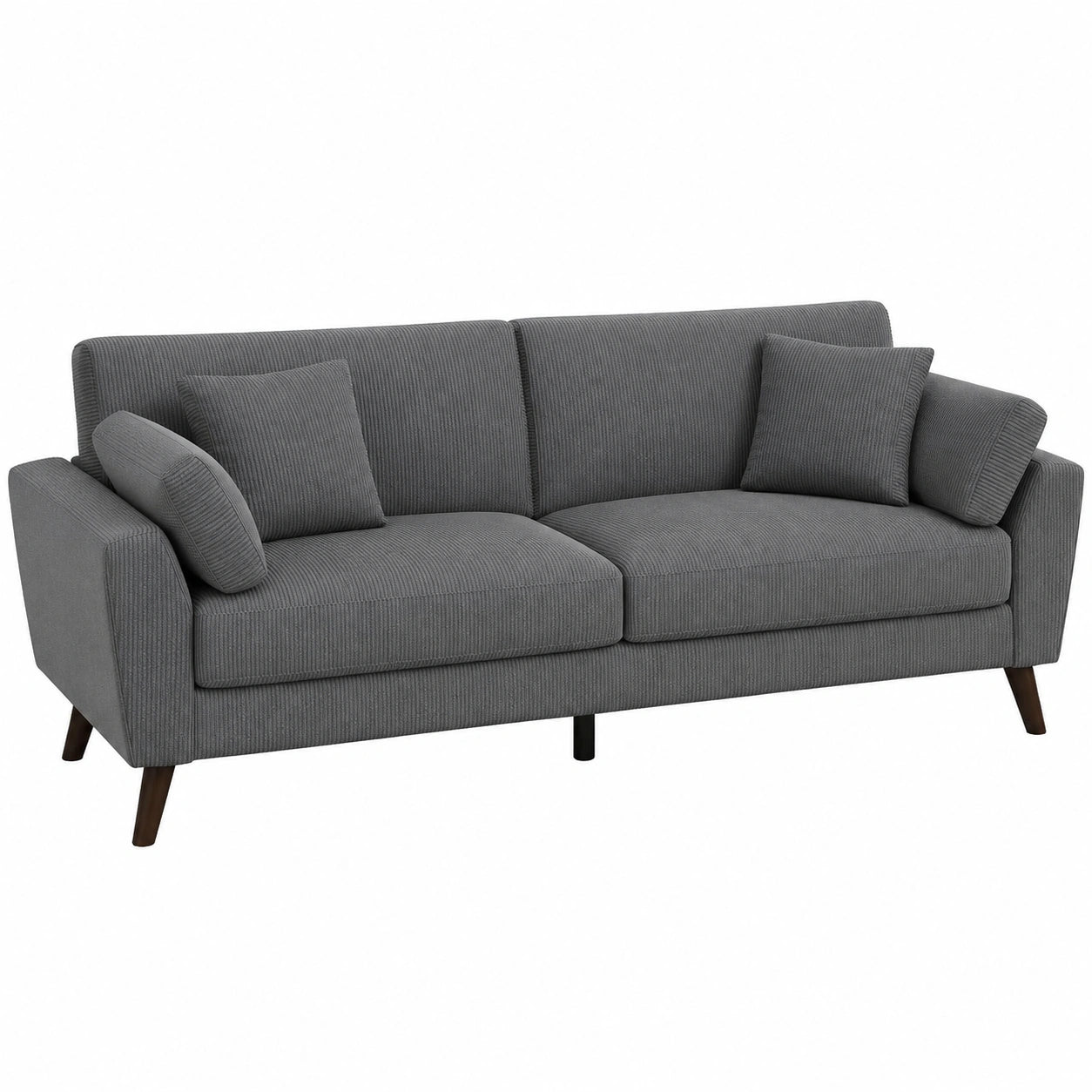 Modernes Cord-Sofa 3-Sitzer, 220 cm, mit hohen Beinen und Kissen, tiefer Sitz, graues XXL-Design für Wohnzimmer oder Gästezimmer