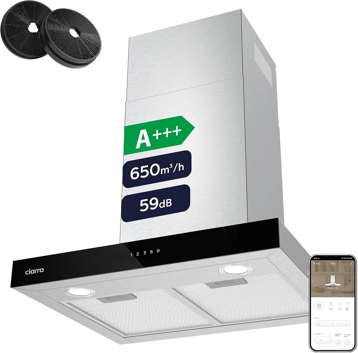 CIARRA CBCS6102 A+++ Afzuigkap 60cm 650 m³/h, Touch Control en Wifi, 4 Snelheden met Booster,afvoerstand en recirculatie afzuigkap met koolstoffilter