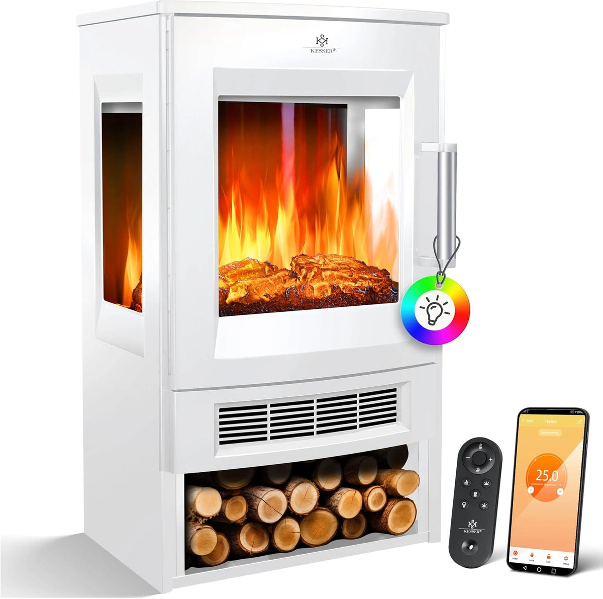 KESSER® Elektrische open haard met verwarming, panorama-kijkvenster, ventilatorkachel, 9 LED-vlameffecten, kleurmodi, afstandsbediening, WiFi-app