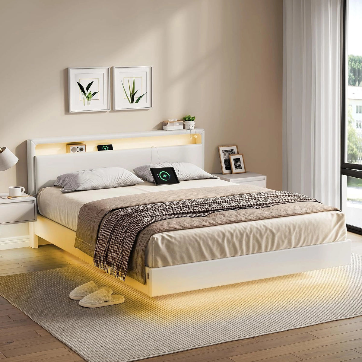 VASAGLE tweepersoonsbedframe 160 x 200 cm, zwevend bed, LED-verlichting, beige