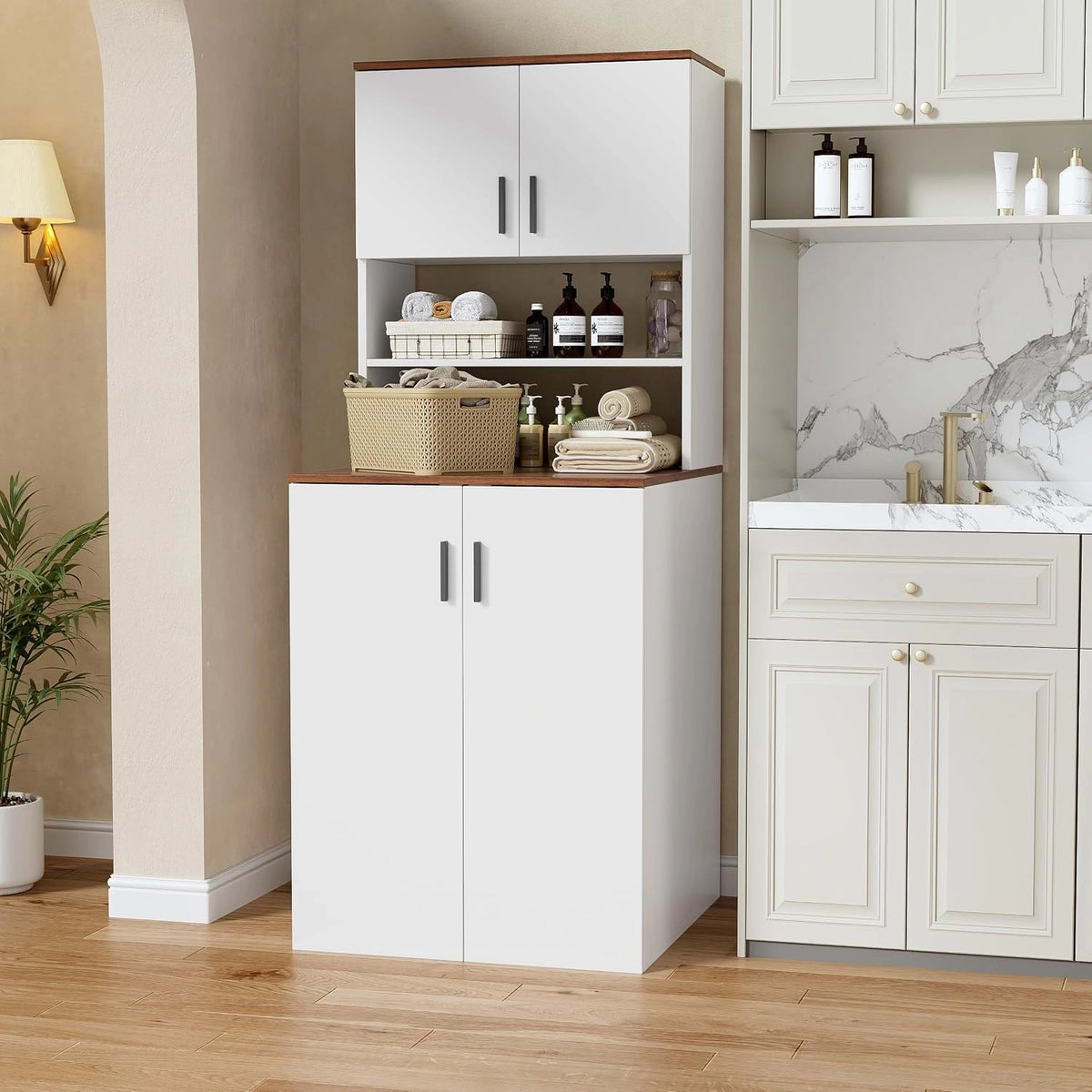 Wasmachinekast met 2 deuren, 68 x 68 x 170 cm, hoge kast voor de badkamer met verstelbare planken en grote opbergruimte, wasmachinekast