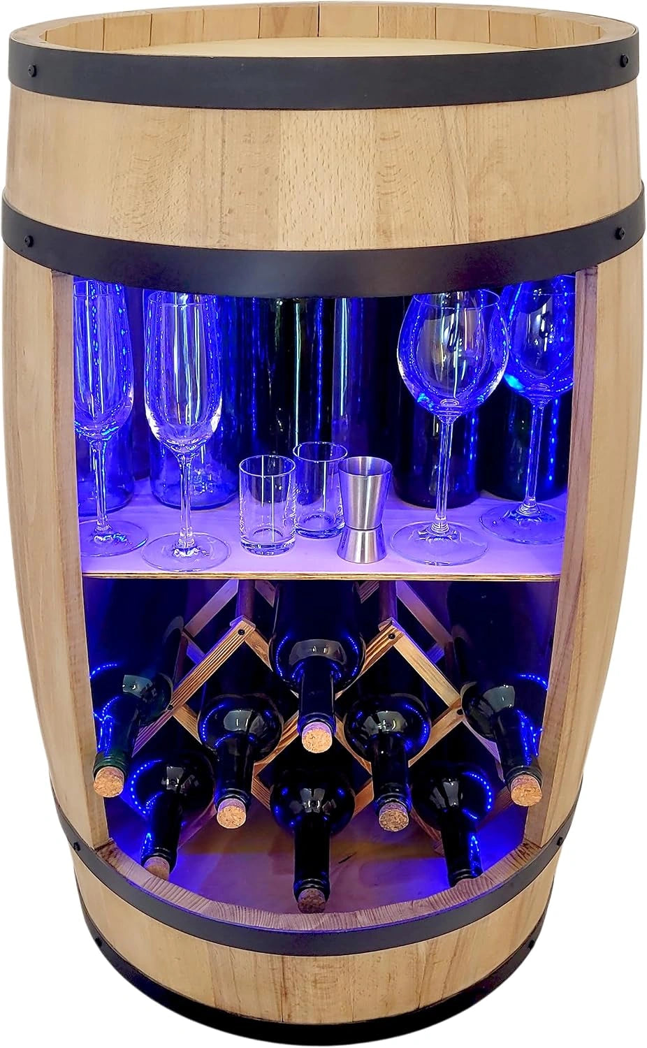 WEECO Houten vat met wijnhouder RGB LED-verlichting. Wijnrek, vatbaar 80 cm. Rustieke decoratie barkast wijnstandaard, huisbar vat bier