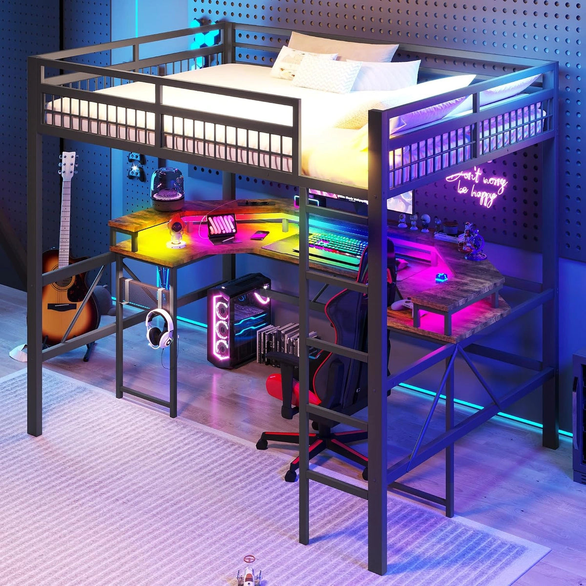 Hoogslaper 140 x 200 cm met led-lichtbalk, USB-poort, type C-poort, bureau en geperforeerd paneel, ijzeren frame, zonder matras (zwart, 140 x 200 cm)
