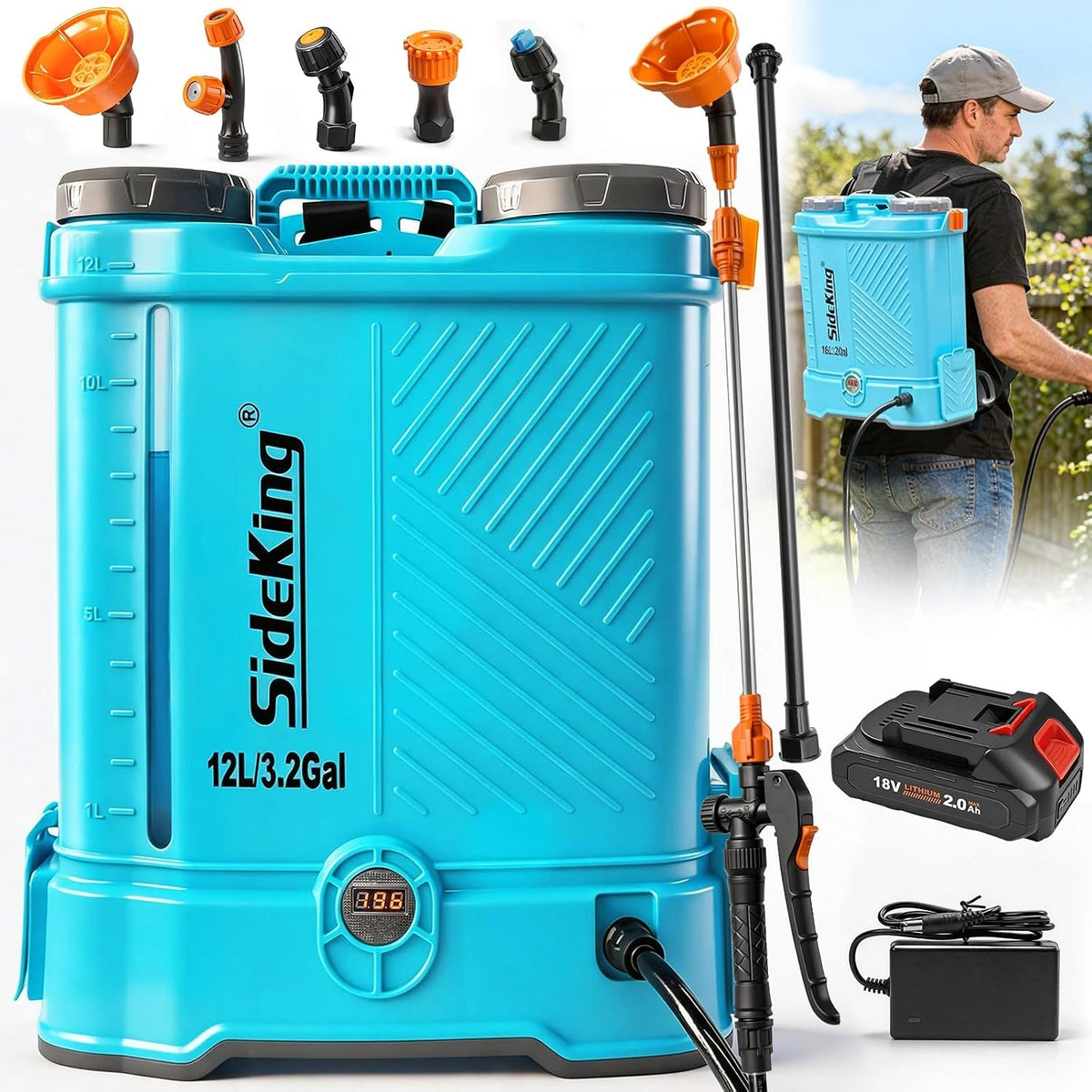SideKing Elektrische Drukspuit 12 liter, Rugspuit op Accu compatibel met Makita 18V, Telescopische Lans, 5 Sproeikoppen