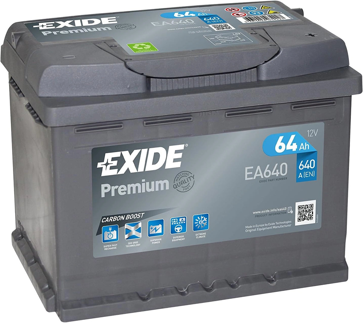 Exide EA640 Premium Carbon Boost Autoaccu, 12 V, 640 A, 64 Ah, loodzuur, wit